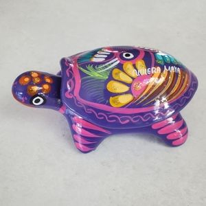 Mexican Purple Boho Ceramic Pottery Turtle Handpainted Trinket Box Bright Colour